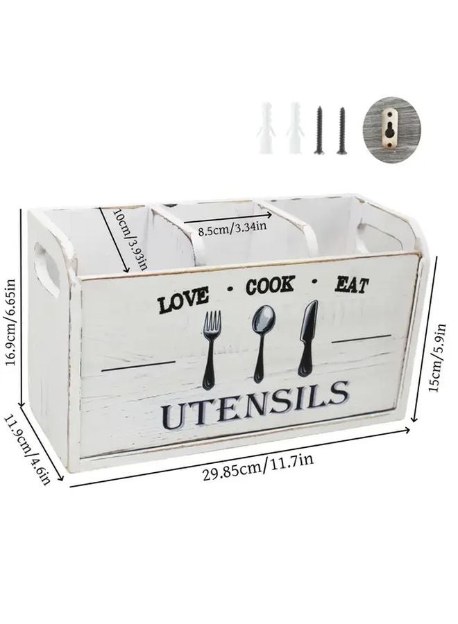 Baked Color Distressed Wooden Utensil Organizer Box With Cook Eat Design - Image 3